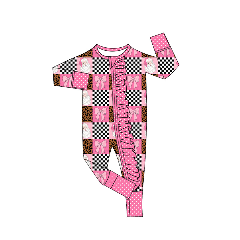 Preorder moq 5 Baby Girls Bows Santa Checked Christmas Two Way Ruffle Zip Convertible Rompers