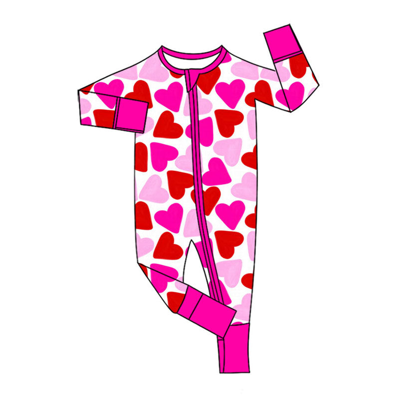 Preorder moq 5 Baby Girls Pink Red Hearts Valentines Two Way Zip Convertible Rompers
