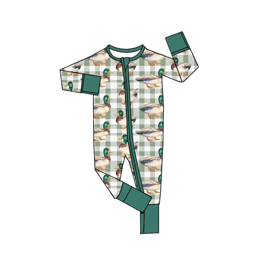 Preorder moq 5 Baby Boys Green Checked Ducks Hunting Two Way Zip Convertible Rompers