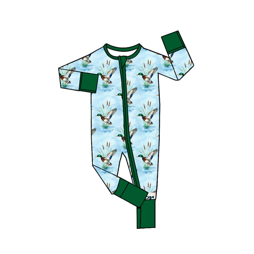 Preorder moq 5 Baby Boys Ducks Plaid Hunting Two Way Zip Convertible Rompers