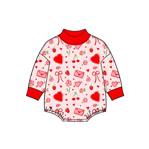 Preorder moq 5 Baby Girls Long Sleeve Red Hearts Cherry Valentines Rompers