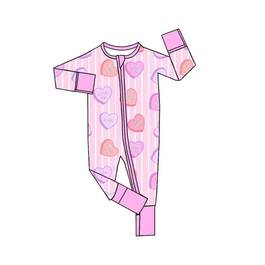 Preorder moq 5 Baby Girls Pink Stripe LOVE YOU Hearts Valentines Two Way Zip Convertible Rompers