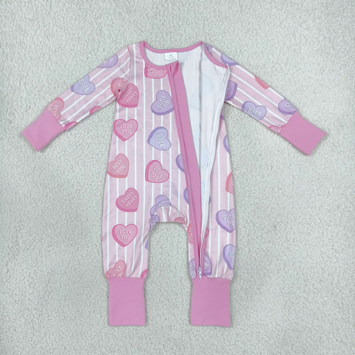 Baby Girls Pink Stripe LOVE YOU Hearts Valentines Two Way Zip Convertible Rompers