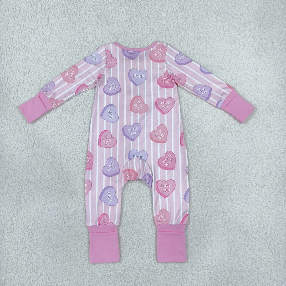 Baby Girls Pink Stripe LOVE YOU Hearts Valentines Two Way Zip Convertible Rompers