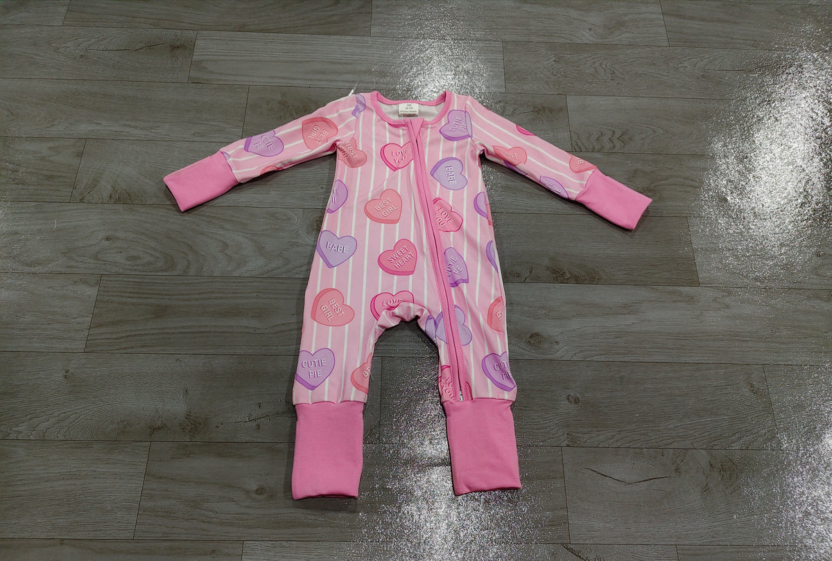 Baby Girls Pink Stripe LOVE YOU Hearts Valentines Two Way Zip Convertible Rompers Preorder