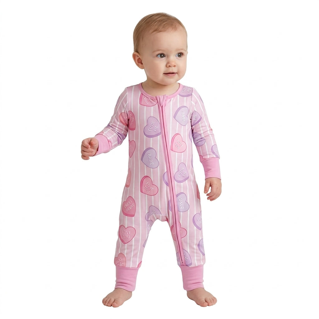 Baby Girls Pink Stripe LOVE YOU Hearts Valentines Two Way Zip Convertible Rompers