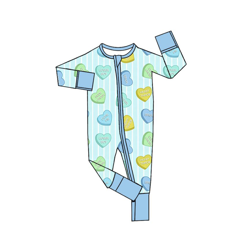 Preorder moq 5 Baby Boys Blue Stripe LOVE YOU Hearts Valentines Two Way Zip Convertible Rompers
