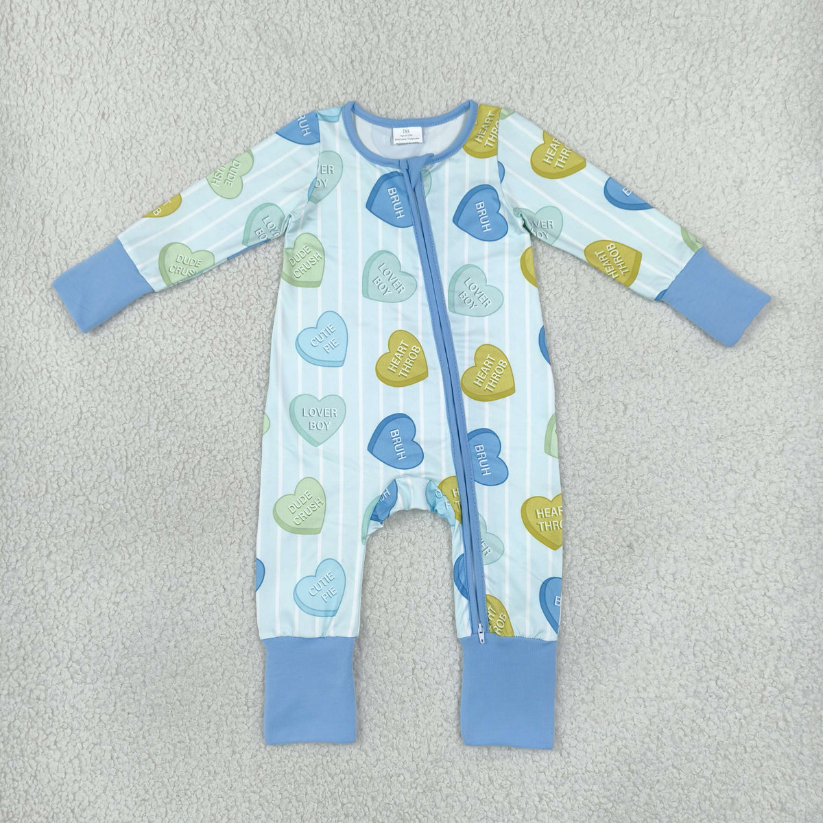 Baby Boys Blue Stripe LOVE YOU Hearts Valentines Two Way Zip Convertible Rompers
