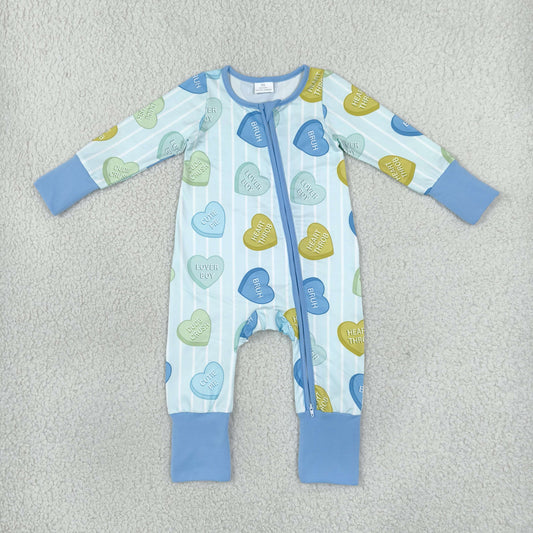 Baby Boys Blue Stripe LOVE YOU Hearts Valentines Two Way Zip Convertible Rompers