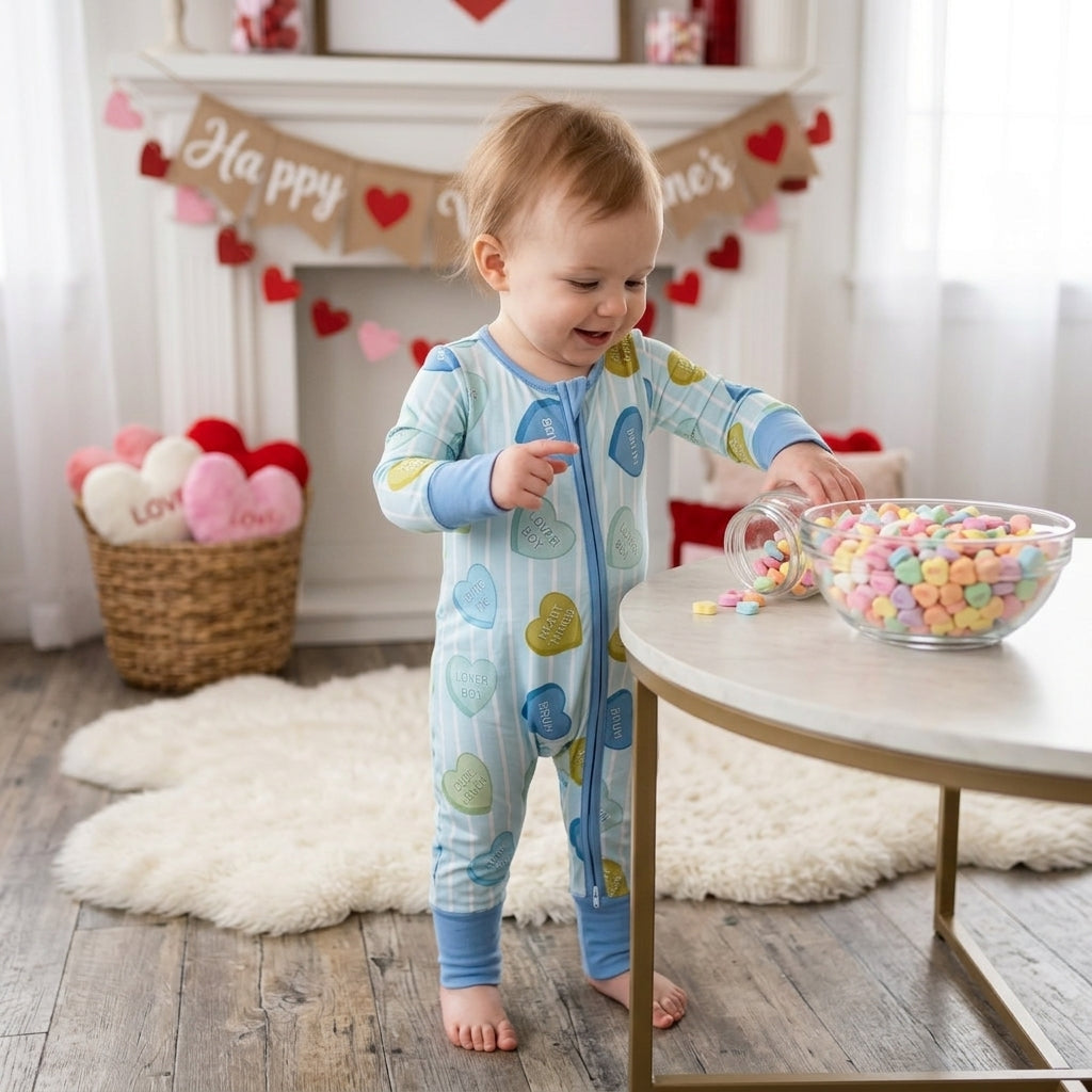 Baby Boys Blue Stripe LOVE YOU Hearts Valentines Two Way Zip Convertible Rompers
