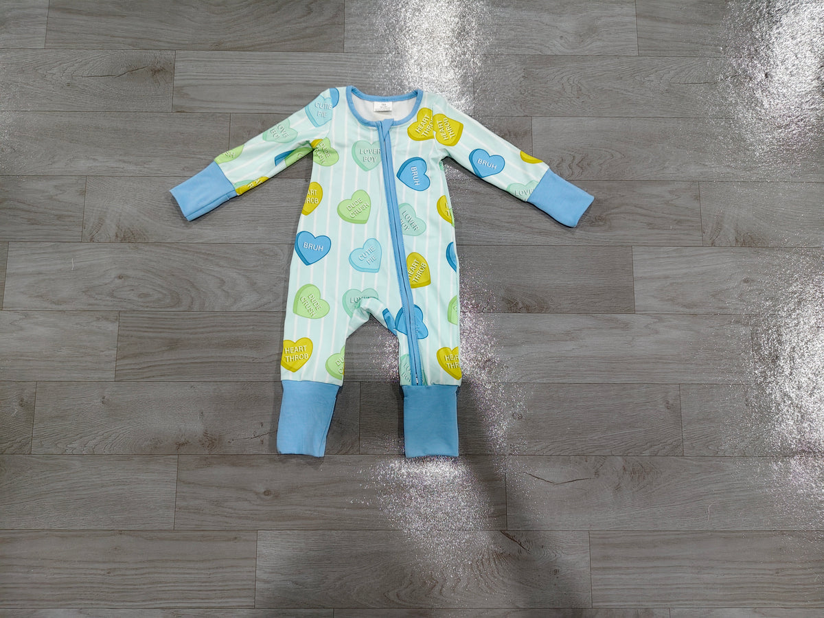 Baby Boys Blue Stripe LOVE YOU Hearts Valentines Two Way Zip Convertible Rompers Preorder
