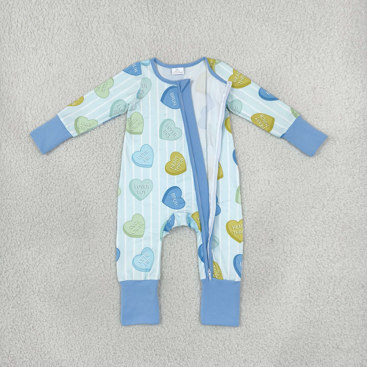 Baby Boys Blue Stripe LOVE YOU Hearts Valentines Two Way Zip Convertible Rompers