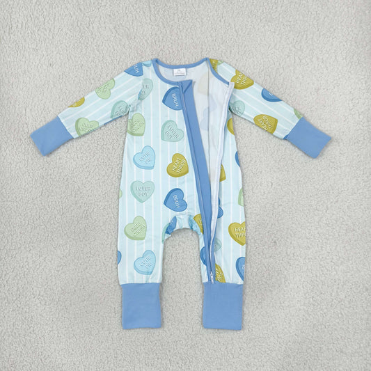 Baby Boys Blue Stripe LOVE YOU Hearts Valentines Two Way Zip Convertible Rompers