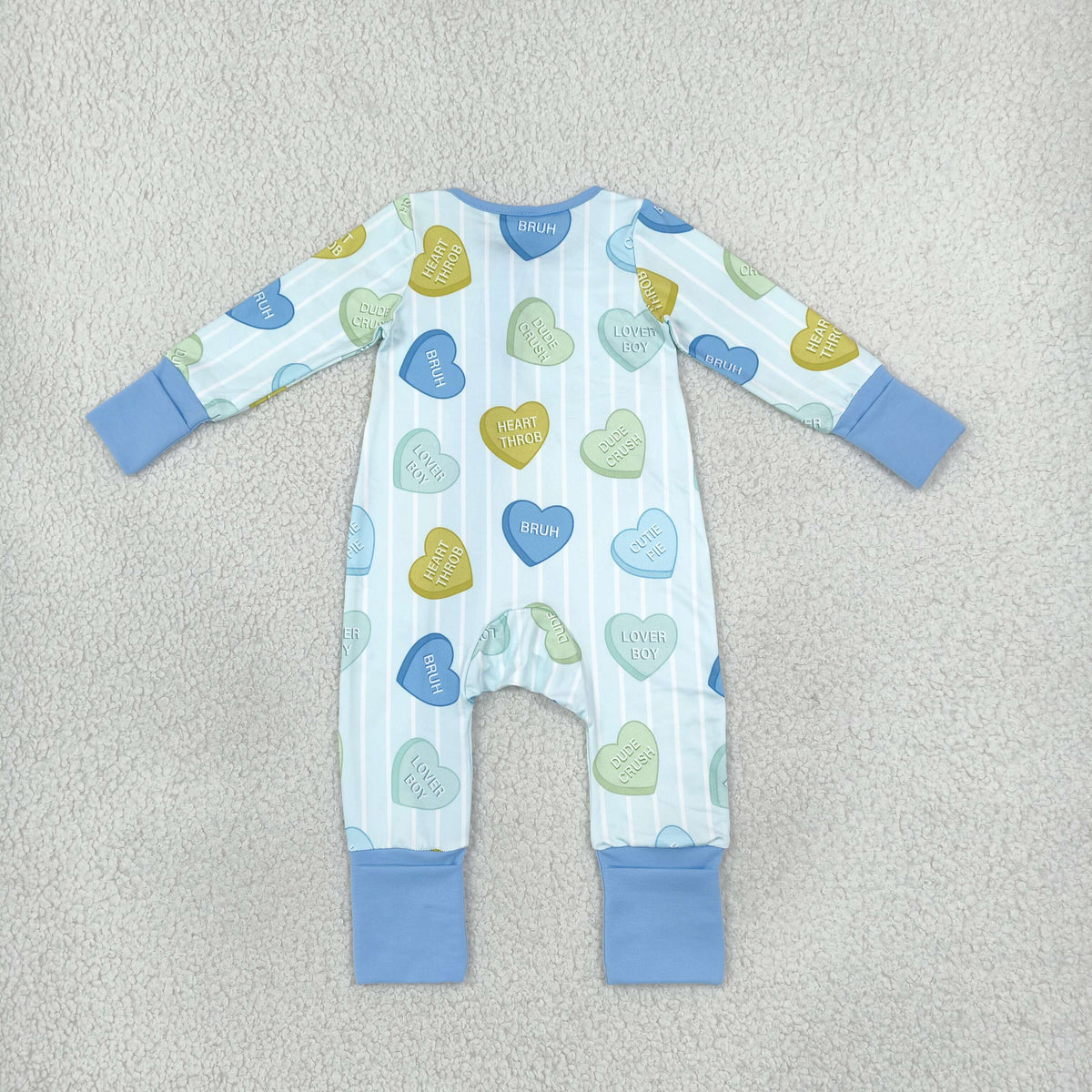 Baby Boys Blue Stripe LOVE YOU Hearts Valentines Two Way Zip Convertible Rompers