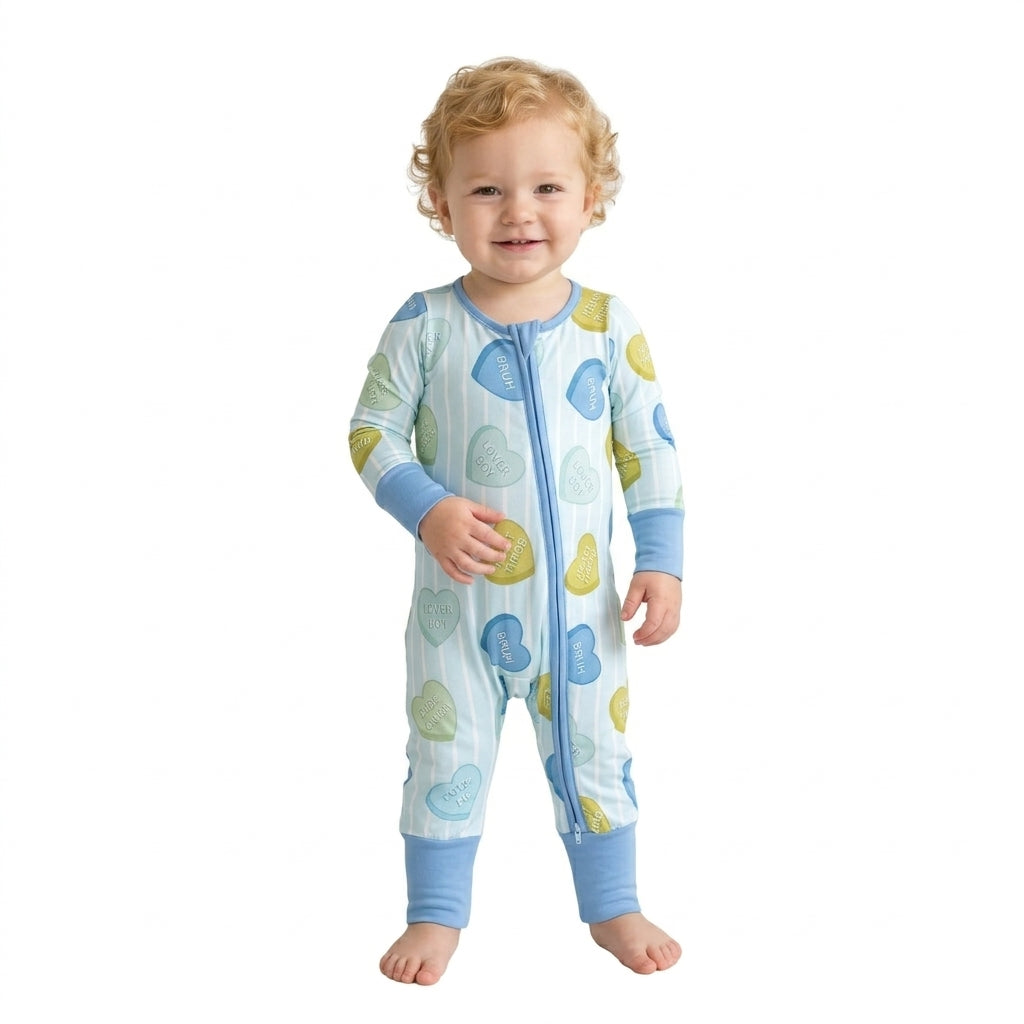 Baby Boys Blue Stripe LOVE YOU Hearts Valentines Two Way Zip Convertible Rompers