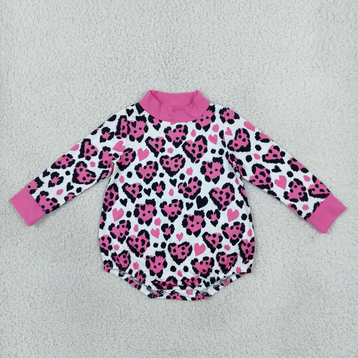 Baby Girls Long Sleeve Pink Black Leopard Hearts Valentines Mock Neck Rompers