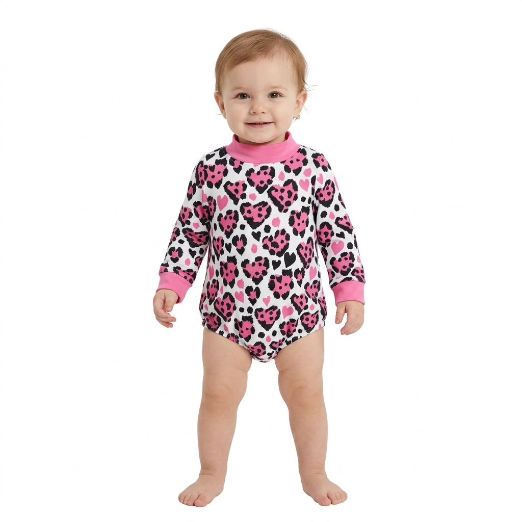 Baby Girls Long Sleeve Pink Black Leopard Hearts Valentines Mock Neck Rompers