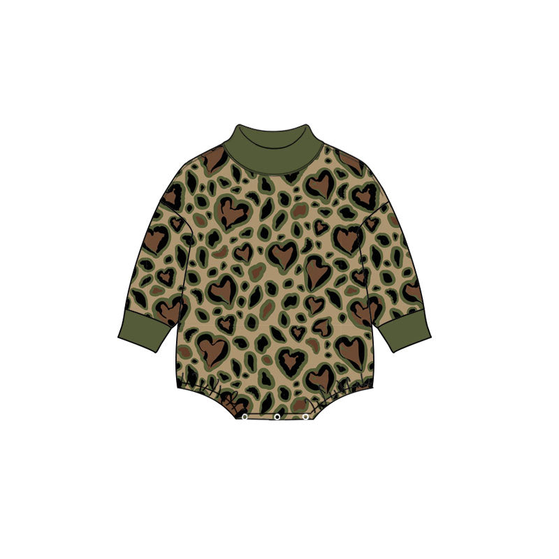 Baby Girls Long Sleeve Olive Black Leopard Hearts Valentines Choker Rompers Preorder
