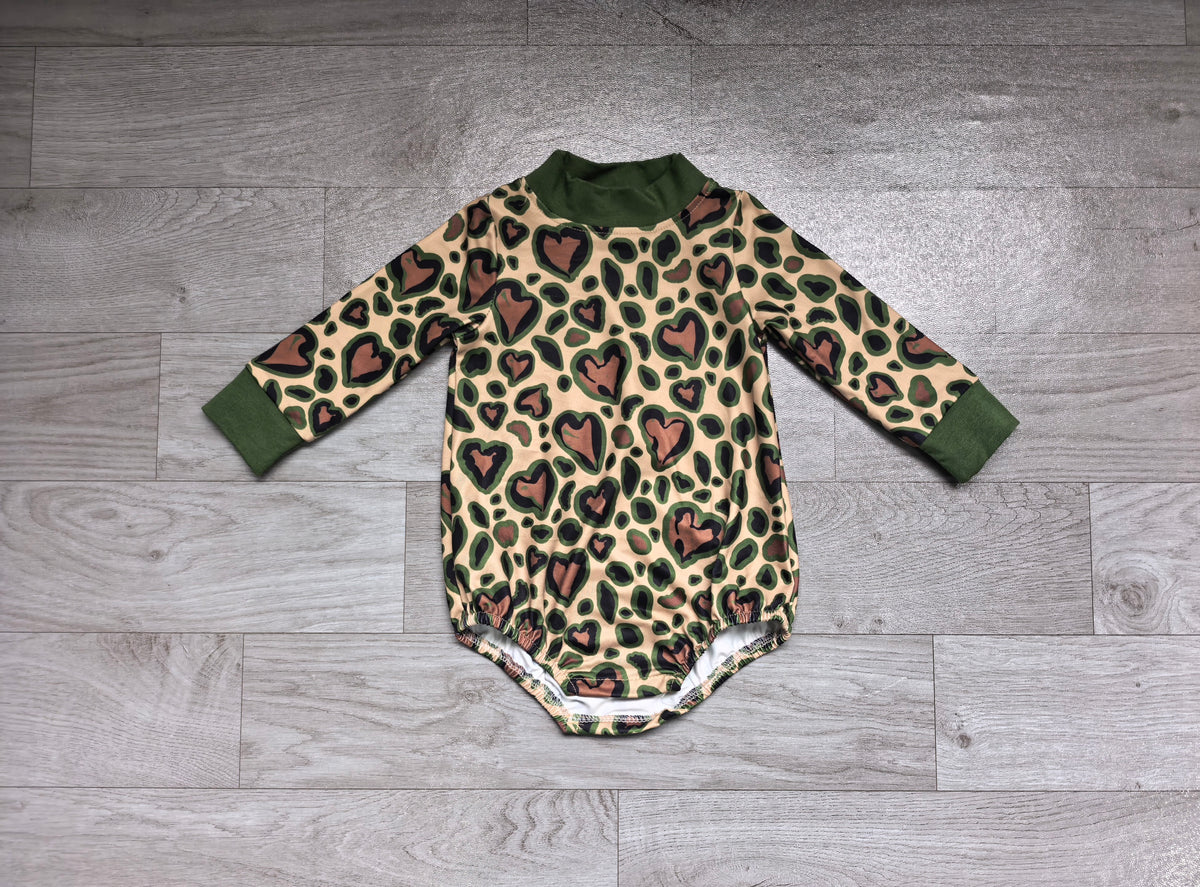 Baby Girls Long Sleeve Olive Black Leopard Hearts Valentines Choker Rompers Preorder