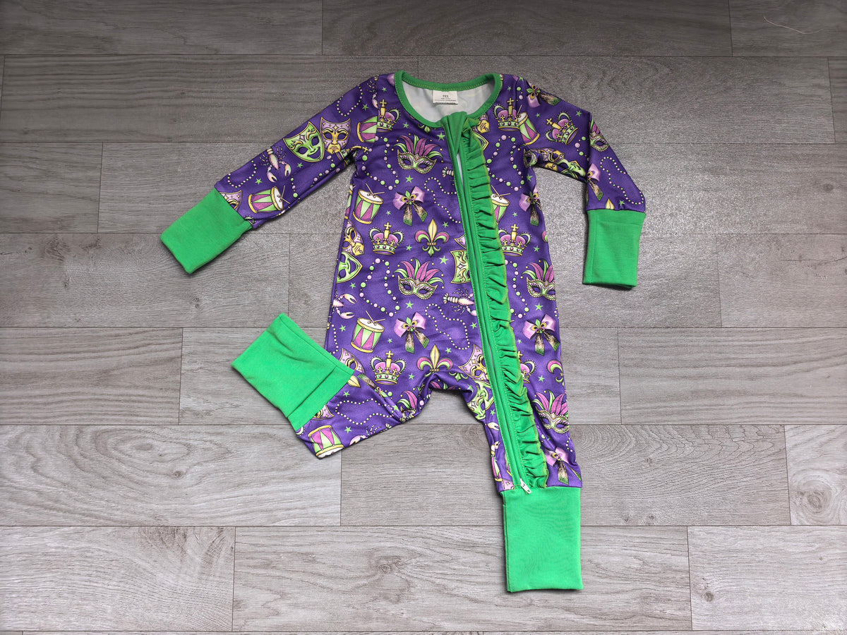 Baby Girls Mardigras Masks Two Way Ruffle Zip Convertible Rompers Preorder