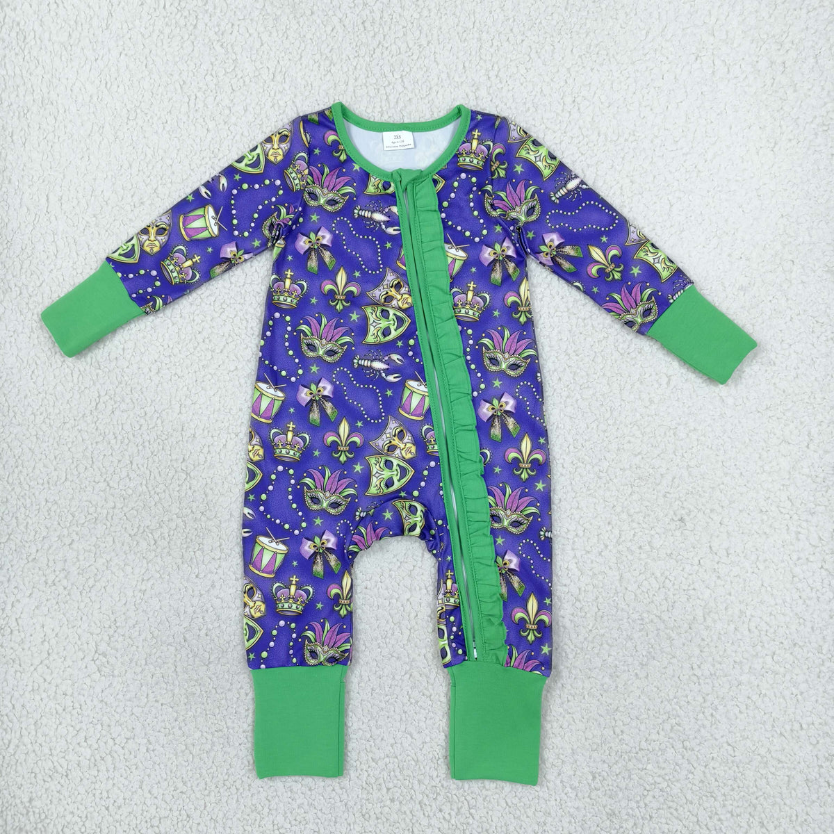 Baby Girls Mardigras Masks Two Way Ruffle Zip Convertible Rompers