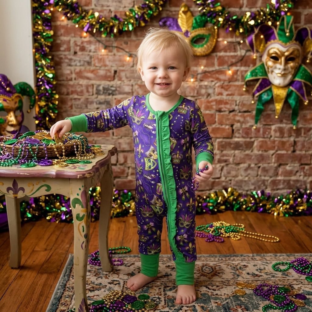 Baby Girls Mardigras Masks Two Way Ruffle Zip Convertible Rompers