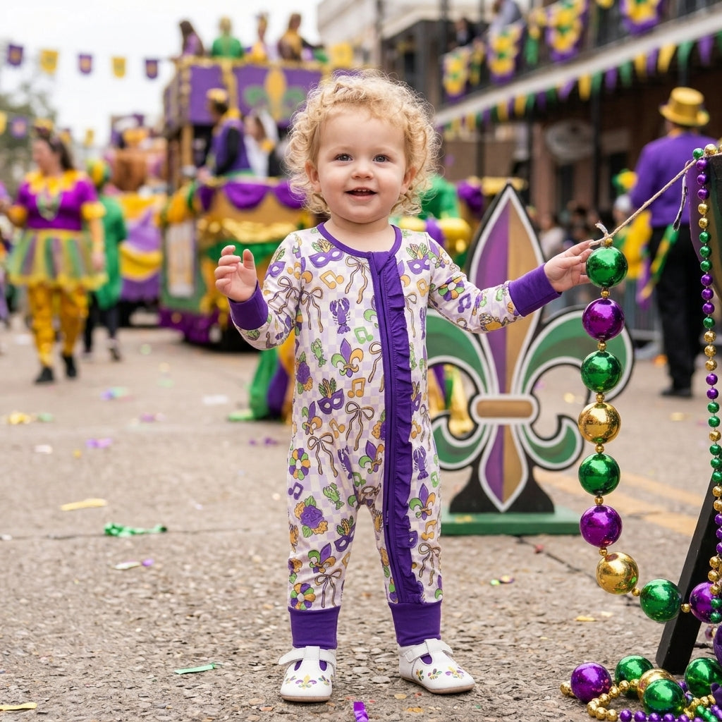 Baby Girls Mardigras Masks Two Way Ruffle Zip Convertible Rompers