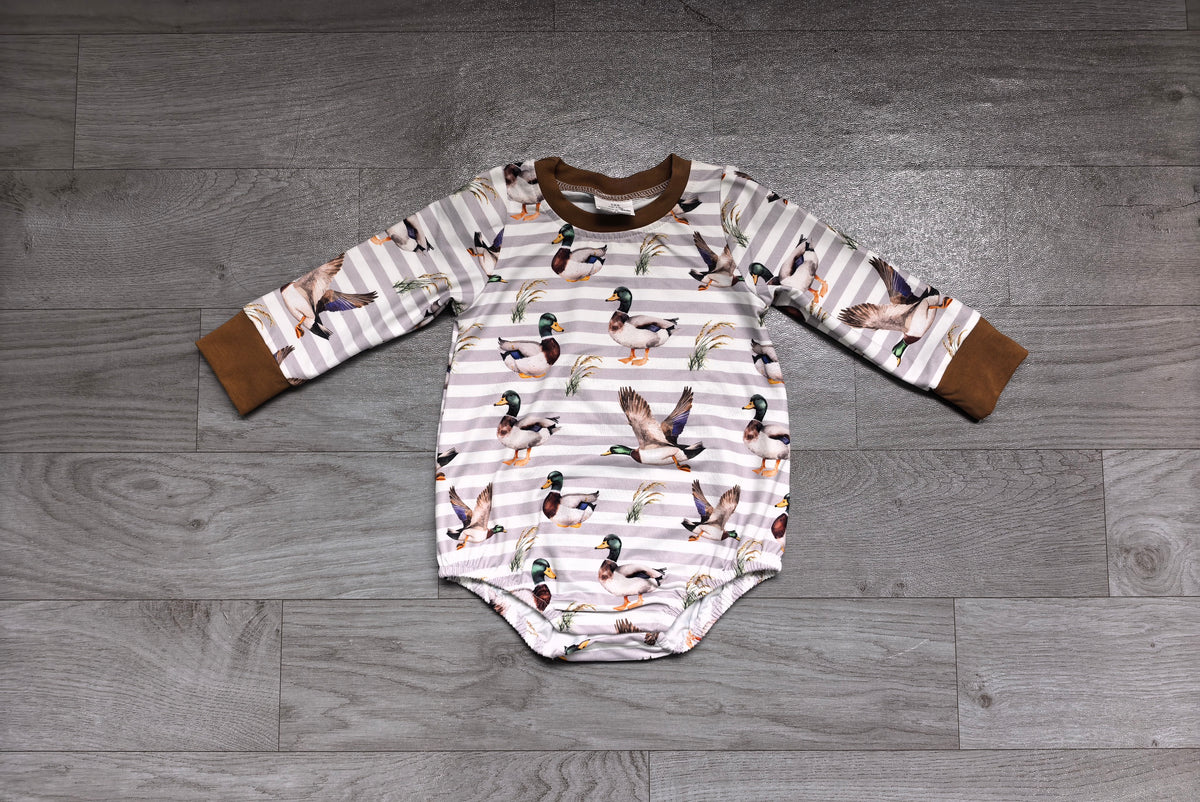 Baby Boys Long Sleeve Khaki Stripe Ducks Hunting Rompers Preorder
