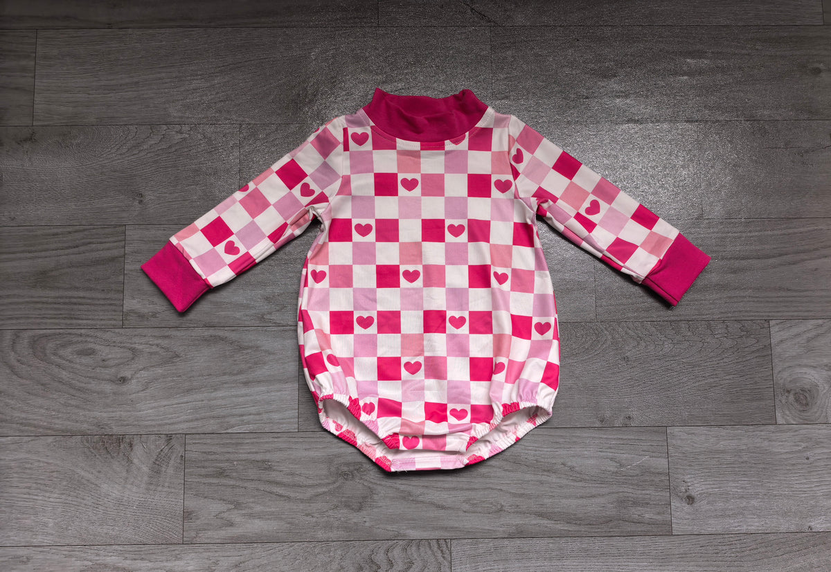Baby Girls Long Sleeve Pink Checked Hearts Valentines Choker Rompers Preorder