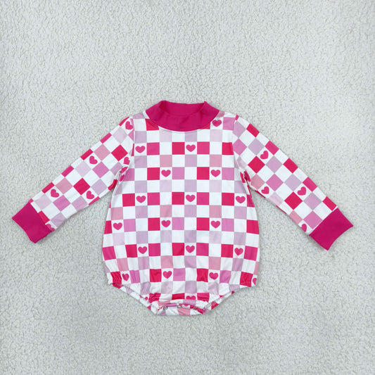 Baby Girls Long Sleeve Pink Checked Hearts Valentines Mock Neck Rompers