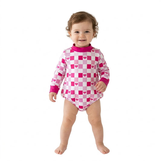 Baby Girls Long Sleeve Pink Checked Hearts Valentines Mock Neck Rompers