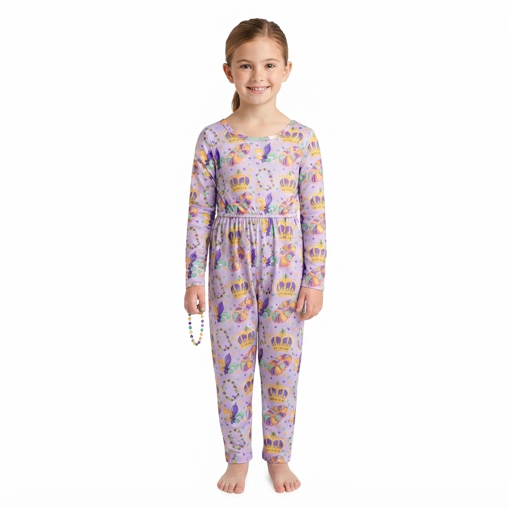 Baby Girls Long Sleeve Mardigras Crowns Donuts Anchors Pockets Pant Jumpsuits