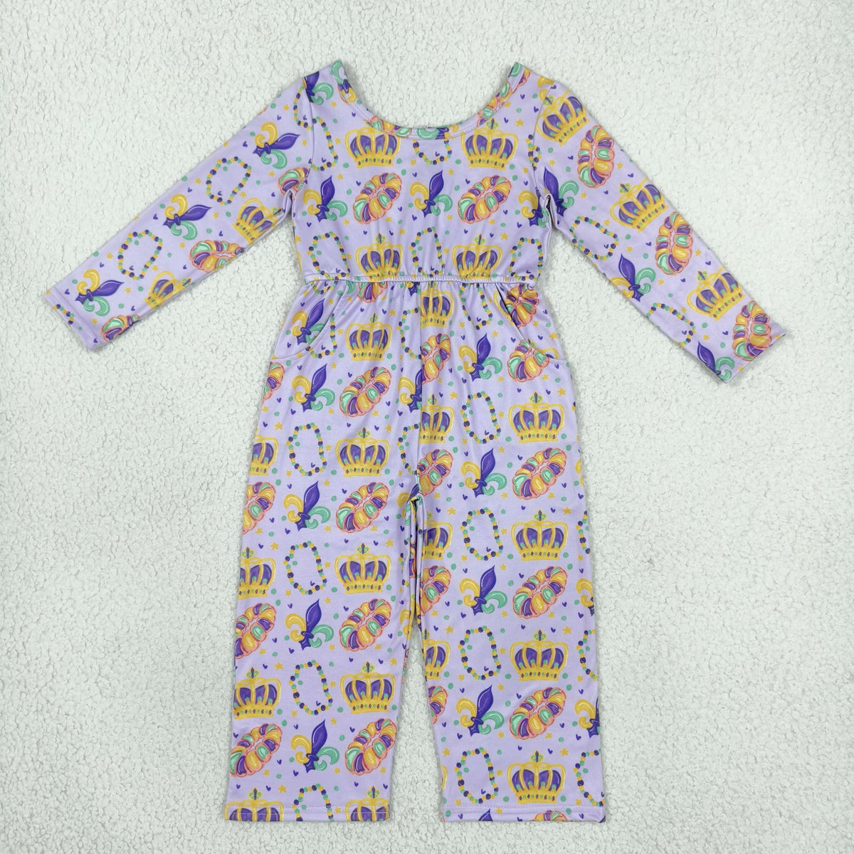 Baby Girls Long Sleeve Mardigras Crowns Donuts Anchors Pockets Pant Jumpsuits