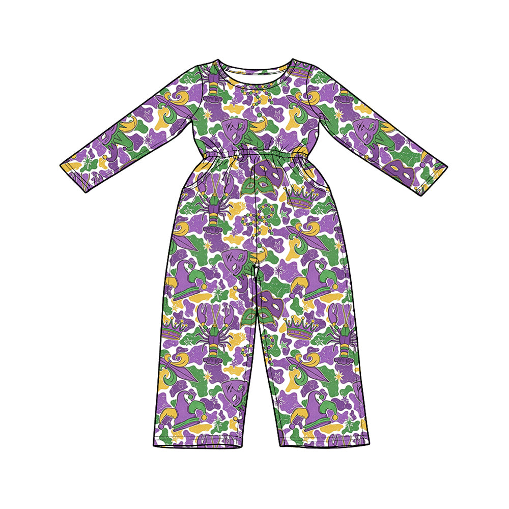 Baby Girls Mardigras Camo Crowns Masks Anchors Pockets Pant Jumpsuits Preorder