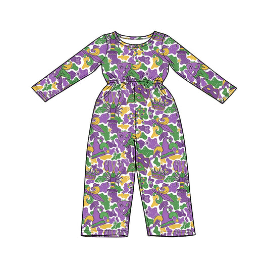 Baby Girls Mardigras Camo Crowns Masks Anchors Pockets Pant Jumpsuits Preorder