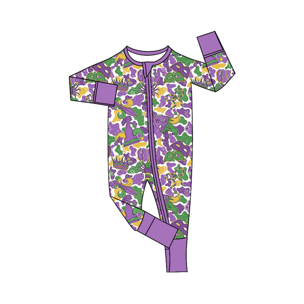 Baby Boys Mardigras Camo Crown Mask Anchors Two Way Zip Convertible Rompers Preorder