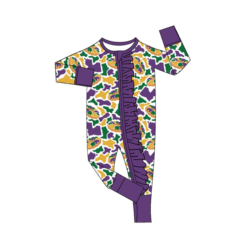 Baby Girls Mardigras Camo Donuts Two Way Ruffle Zip Convertible Rompers Preorder
