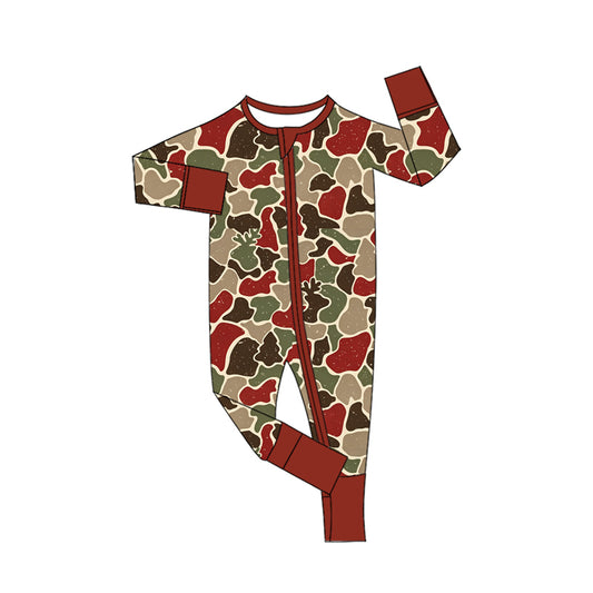 Baby Boys Red Green Camo Deer Christmas Two Way Zip Convertible Rompers Preorder
