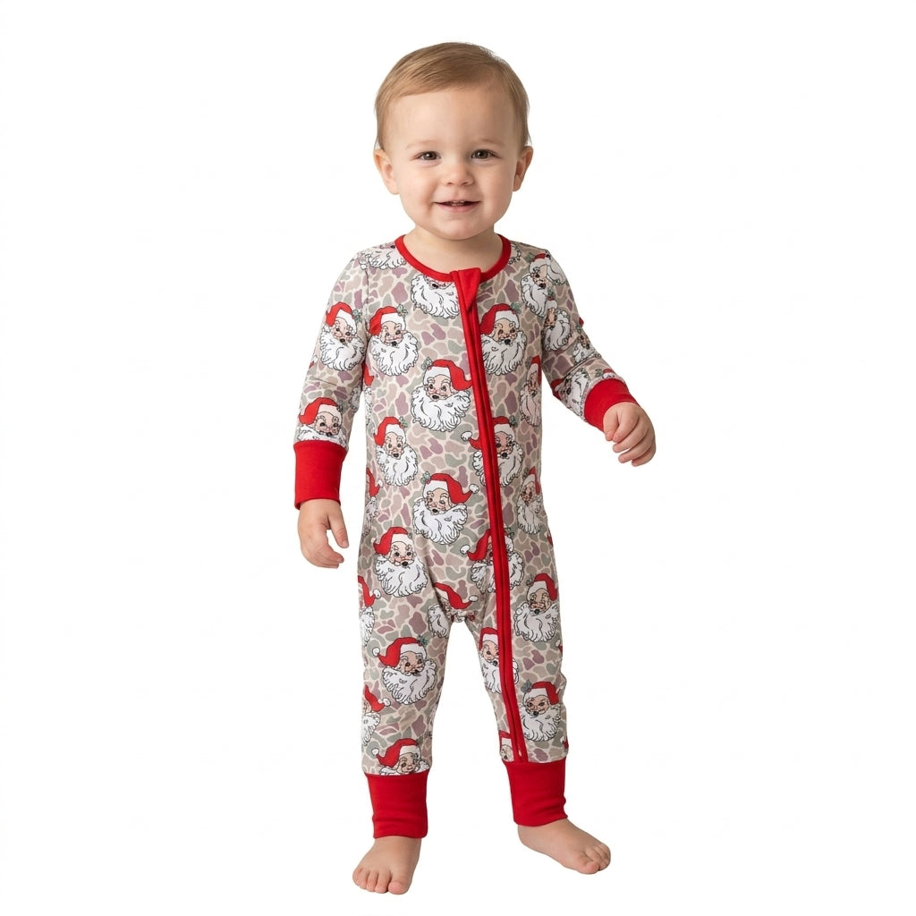 Baby Boys Khaki Camo Santa Christmas Two Way Zip Convertible Rompers