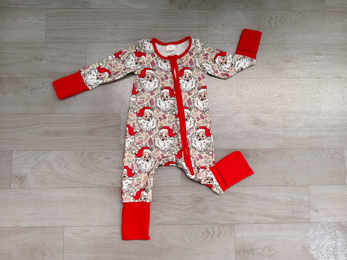 Baby Boys Khaki Camo Santa Christmas Two Way Zip Convertible Rompers Preorder
