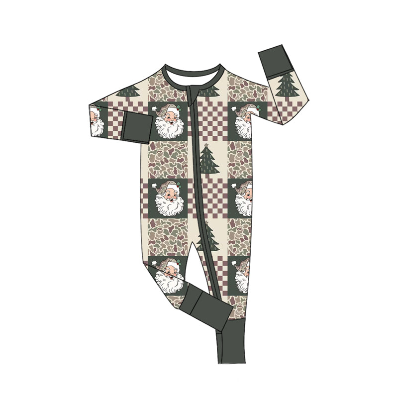 Baby Boys Green Camo Trees Santa Checked Christmas Two Way Zip Convertible Rompers Preorder