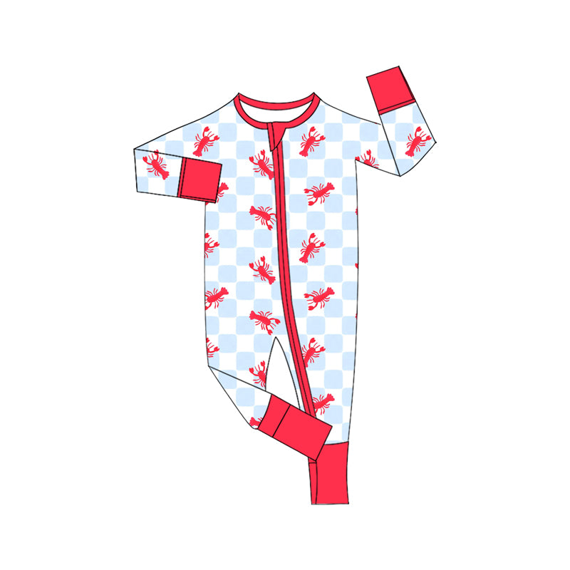 Baby Boys Blue Checked Crayfishes Two Way Zip Convertible Rompers Preorder