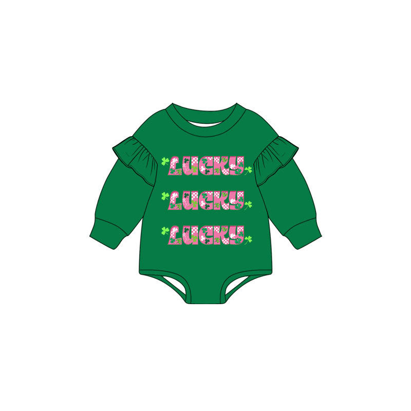 Baby Girls Green Long Sleeve Lucky Clovers St Patrick Rompers Preorder