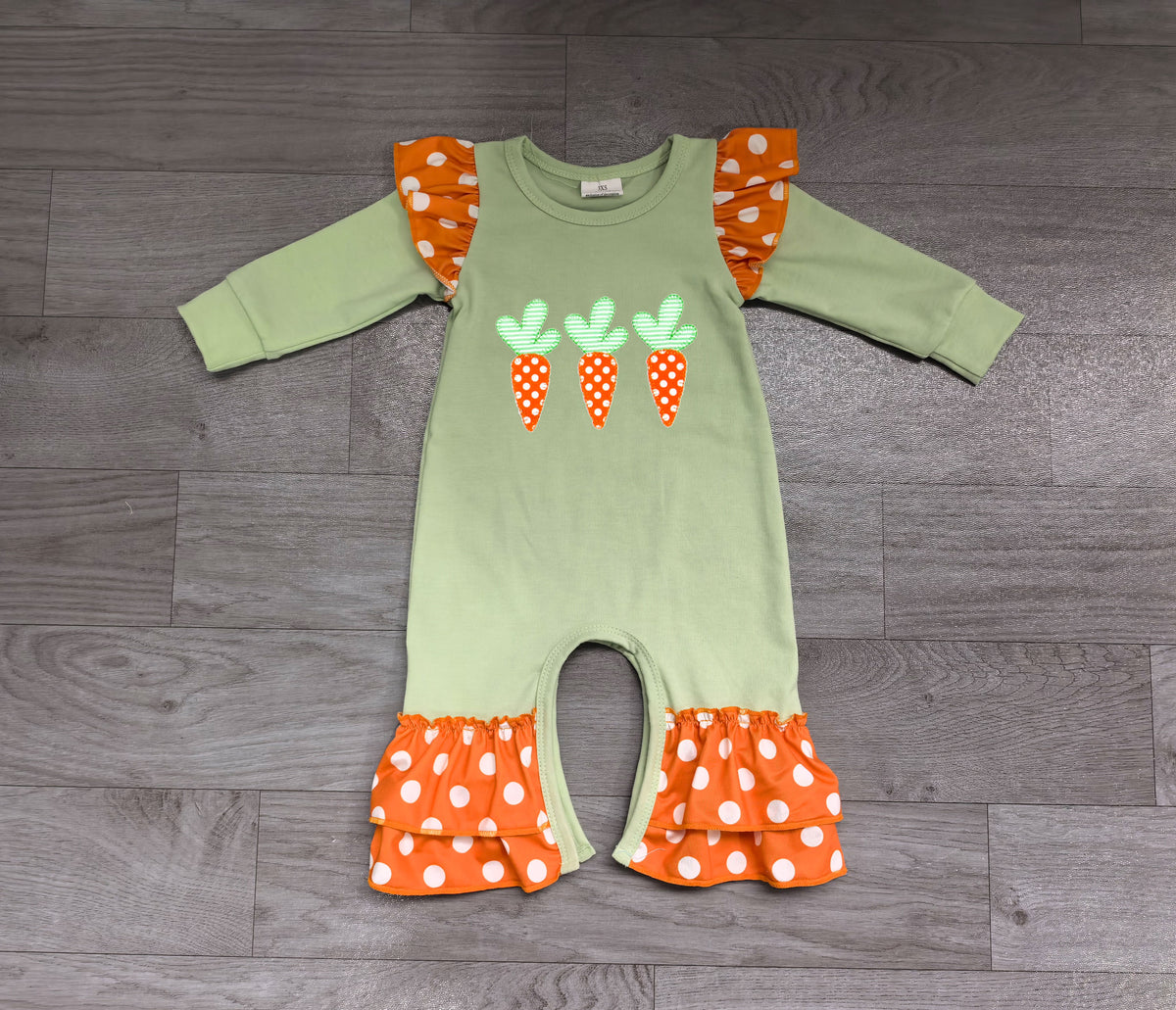 Embroidery Baby Girls Polka Dots Carrots Easter Ruffle Pant Rompers Preorder