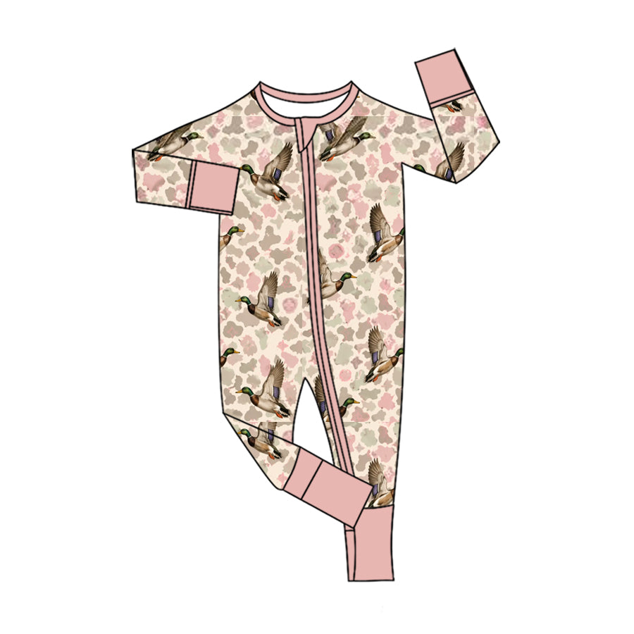Baby Girls Pink Khaki Camo Ducks Hunting Two Way Zip Convertible Rompers Preorder