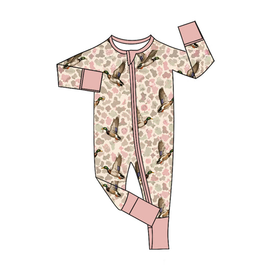Baby Girls Pink Khaki Camo Ducks Hunting Two Way Zip Convertible Rompers Preorder