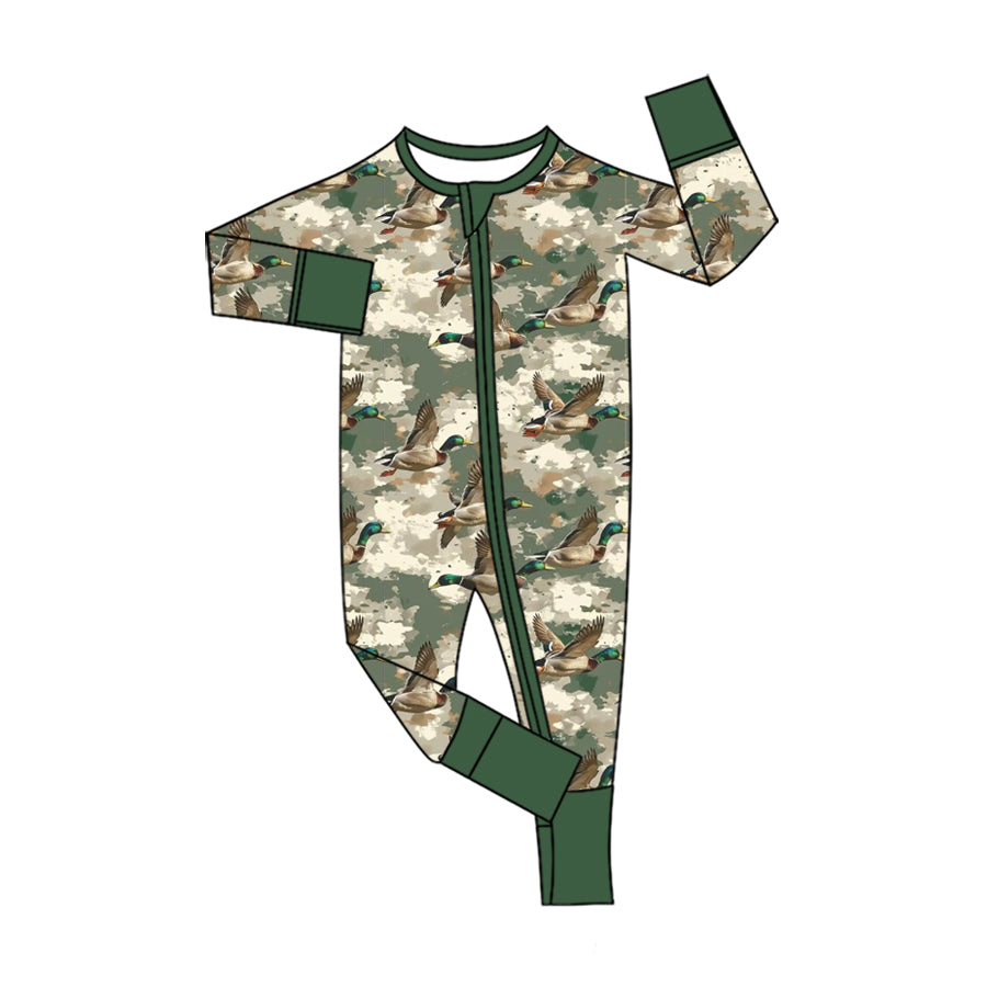 Baby Boys Green Camo Ducks Hunting Two Way Zip Convertible Rompers Preorder