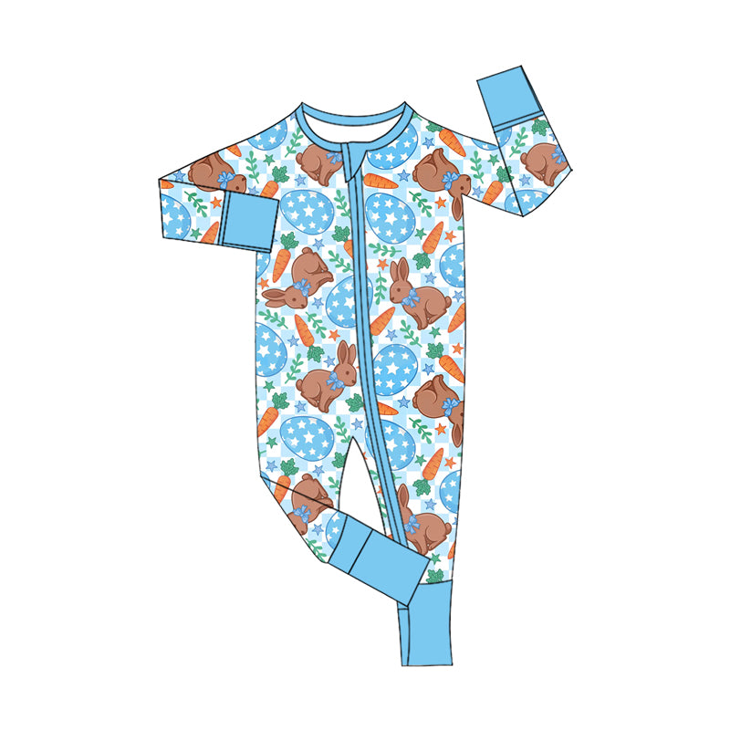 Baby Boys Blue Eggs Rabbits Carrots Easter Two Way Zip Convertible Rompers Preorder