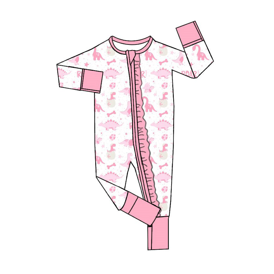 Baby Girls Pink Dinosaurs Roar Two Way Ruffle Zip Convertible Rompers Preorder