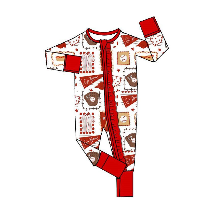 Baby Girls Baseballs Go Team Two Way Ruffle Zip Convertible Rompers Preorder